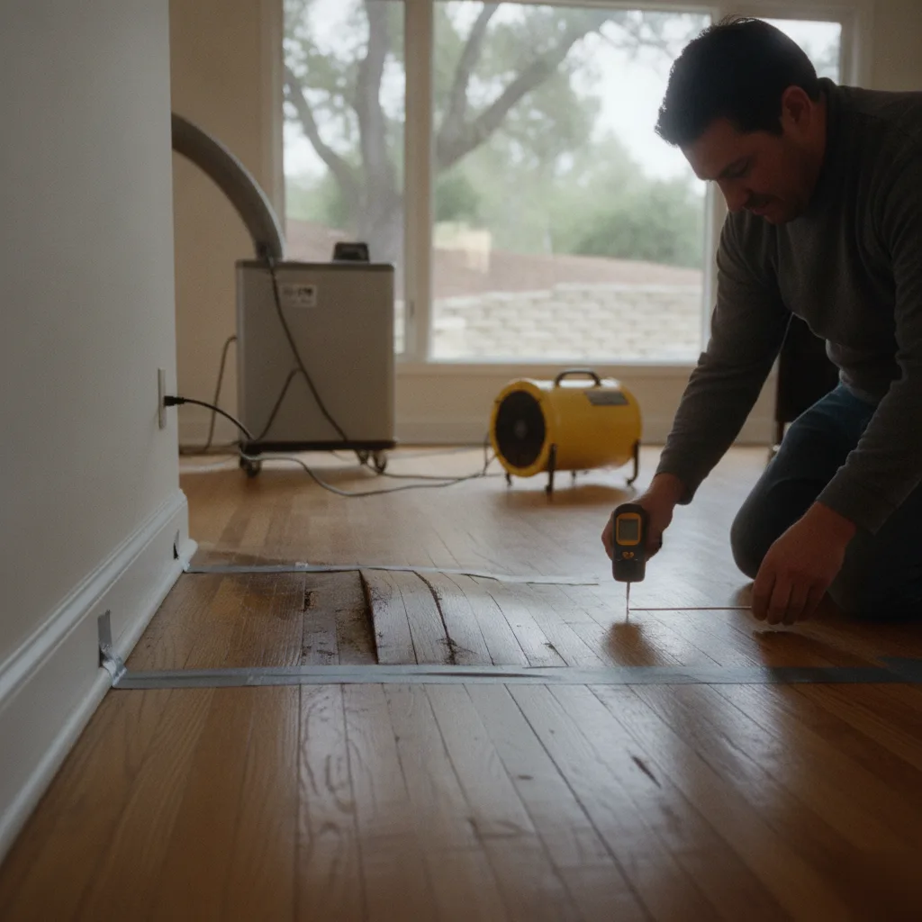 water-damage-restoration-hardwood-floor-monte-sereno-ca Technician checks water-damaged hardwood floor in Monte Sereno, CA restoration service