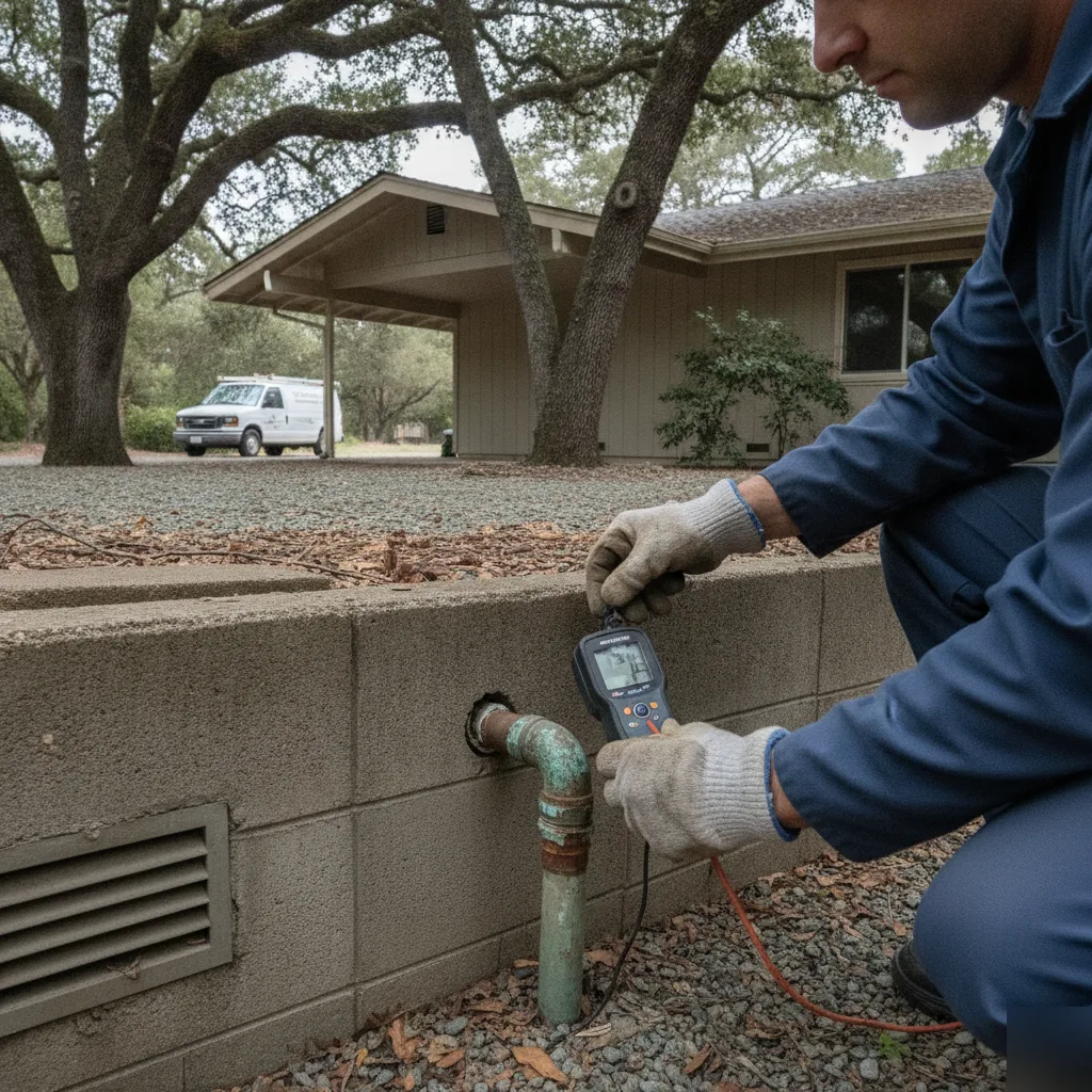 water-damage-restoration-los-altos-ranch-home-crawl-space Technician checks copper pipe leak under Los Altos ranch home foundation