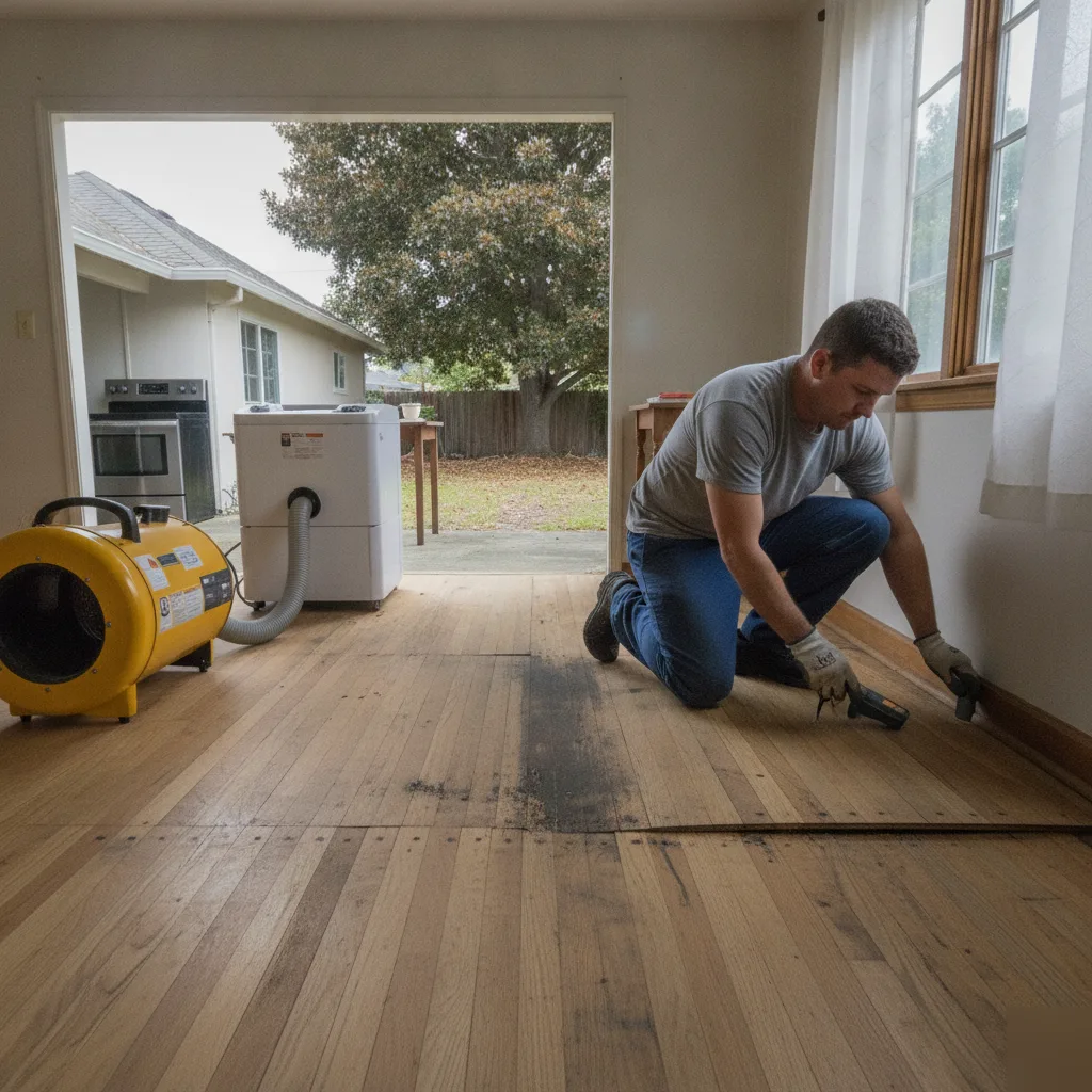 water-damage-restoration-newark-ca-hardwood-floor-ranch-home Water damage restoration technician inspecting warped hardwood floor in Newark, CA home